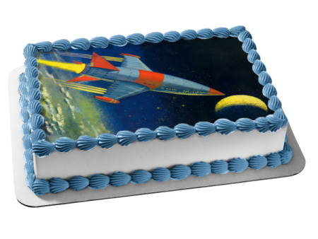 Rocket Ship and Moon In Outer Space Edible Cake Topper Image ABPID03435 For Discount