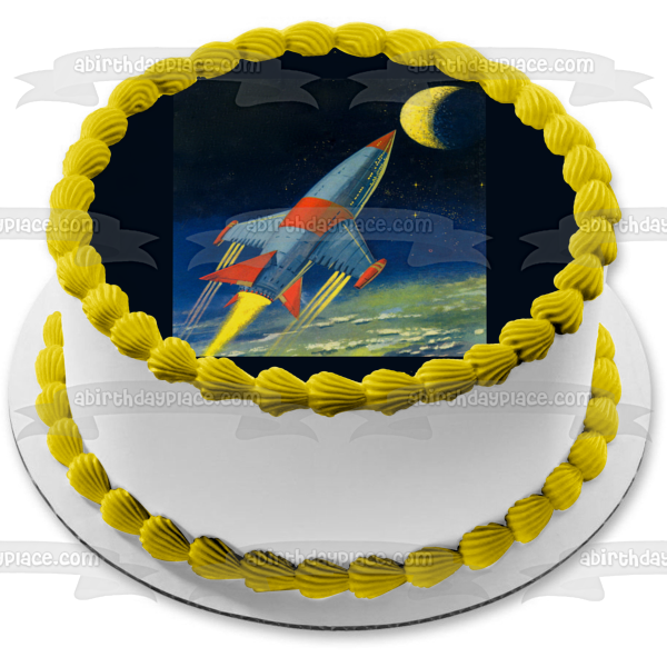 Rocket Ship and Moon In Outer Space Edible Cake Topper Image ABPID03435 For Discount