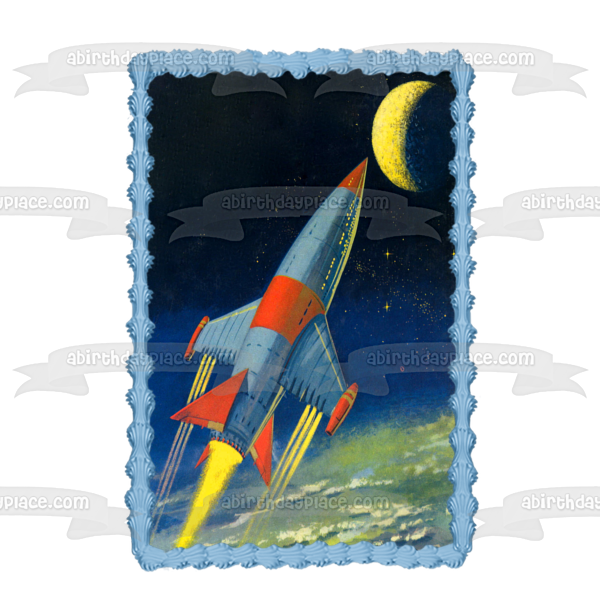 Rocket Ship and Moon In Outer Space Edible Cake Topper Image ABPID03435 For Discount