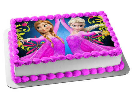 Frozen Anna Elsa Pink Ball Gowns and Flowers Edible Cake Topper Image ABPID01271 Hot on Sale