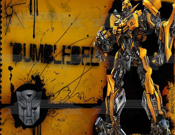 Transformers Autobot Bumblebee Standing Logo with a Yellow Background Edible Cake Topper Image ABPID01233 Online Hot Sale