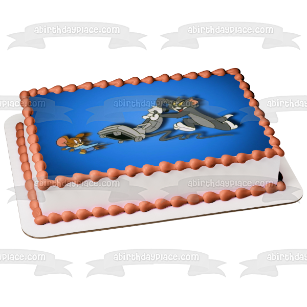 Tom and Jerry Chasing with a Vaccuum and a Blue Background Edible Cake Topper Image ABPID01405 Discount