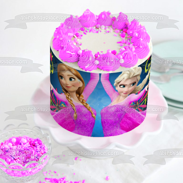 Frozen Anna Elsa Pink Ball Gowns and Flowers Edible Cake Topper Image ABPID01271 Hot on Sale