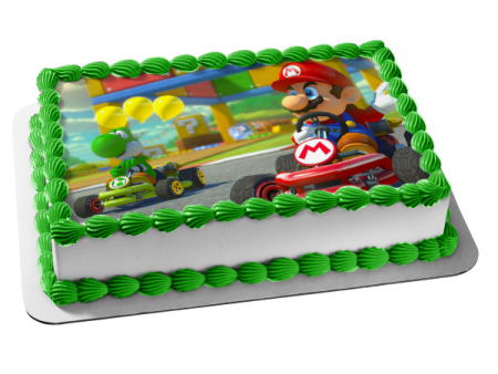 Mario Kart Yoshi and Race Cars Edible Cake Topper Image ABPID01527 For Sale