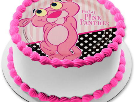 Baby Pink Panther Stripes and a Polka Dots Background Edible Cake Topper Image ABPID01475 Cheap