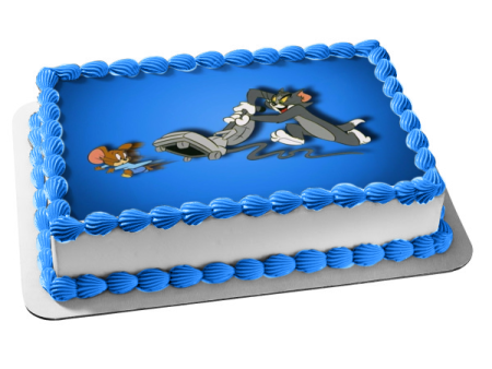 Tom and Jerry Chasing with a Vaccuum and a Blue Background Edible Cake Topper Image ABPID01405 Discount